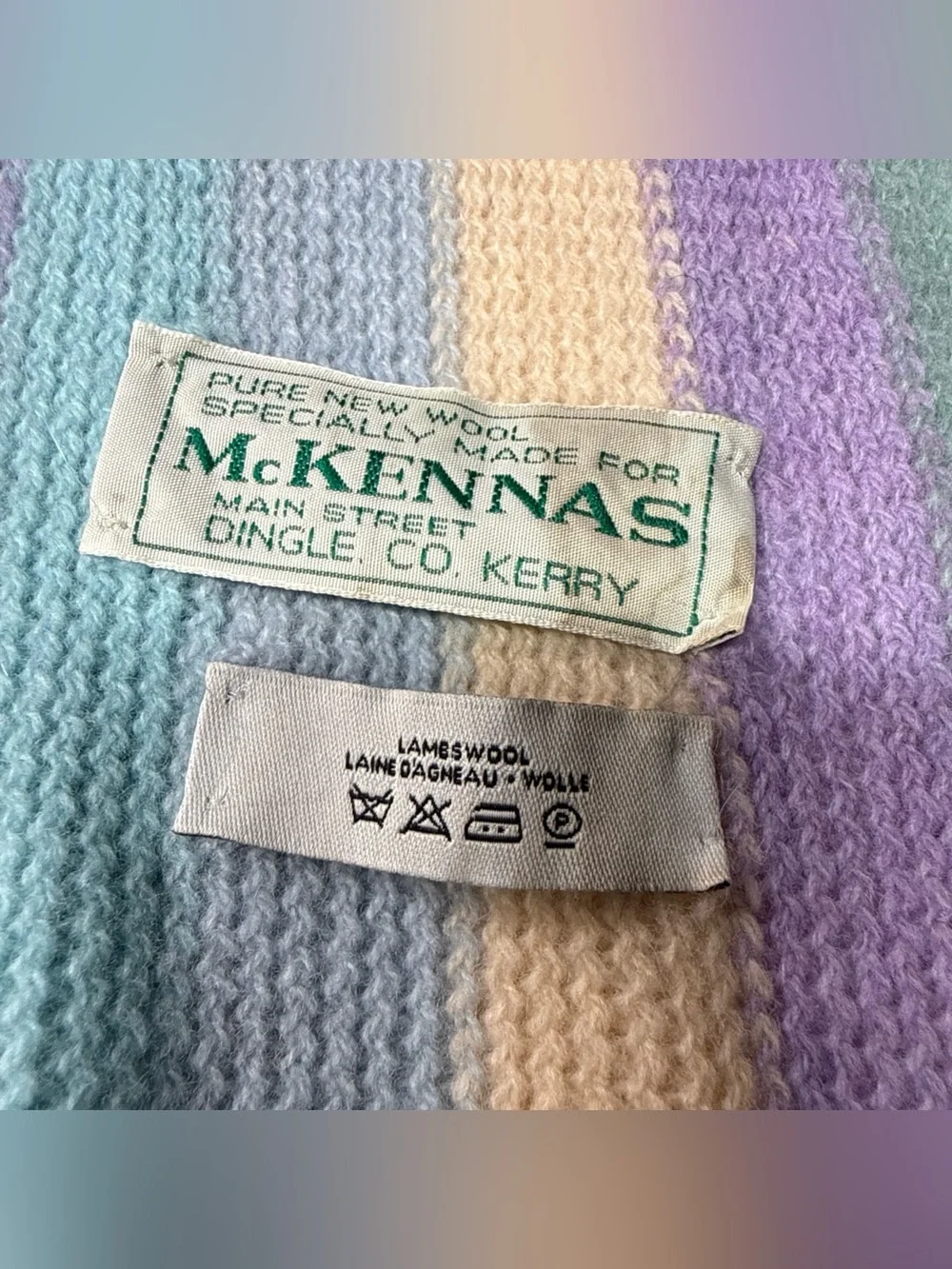 Mc Kennas 100% Pure New Wool Knitted Fringe Hem Scarf Women Pastel Striped 8x76